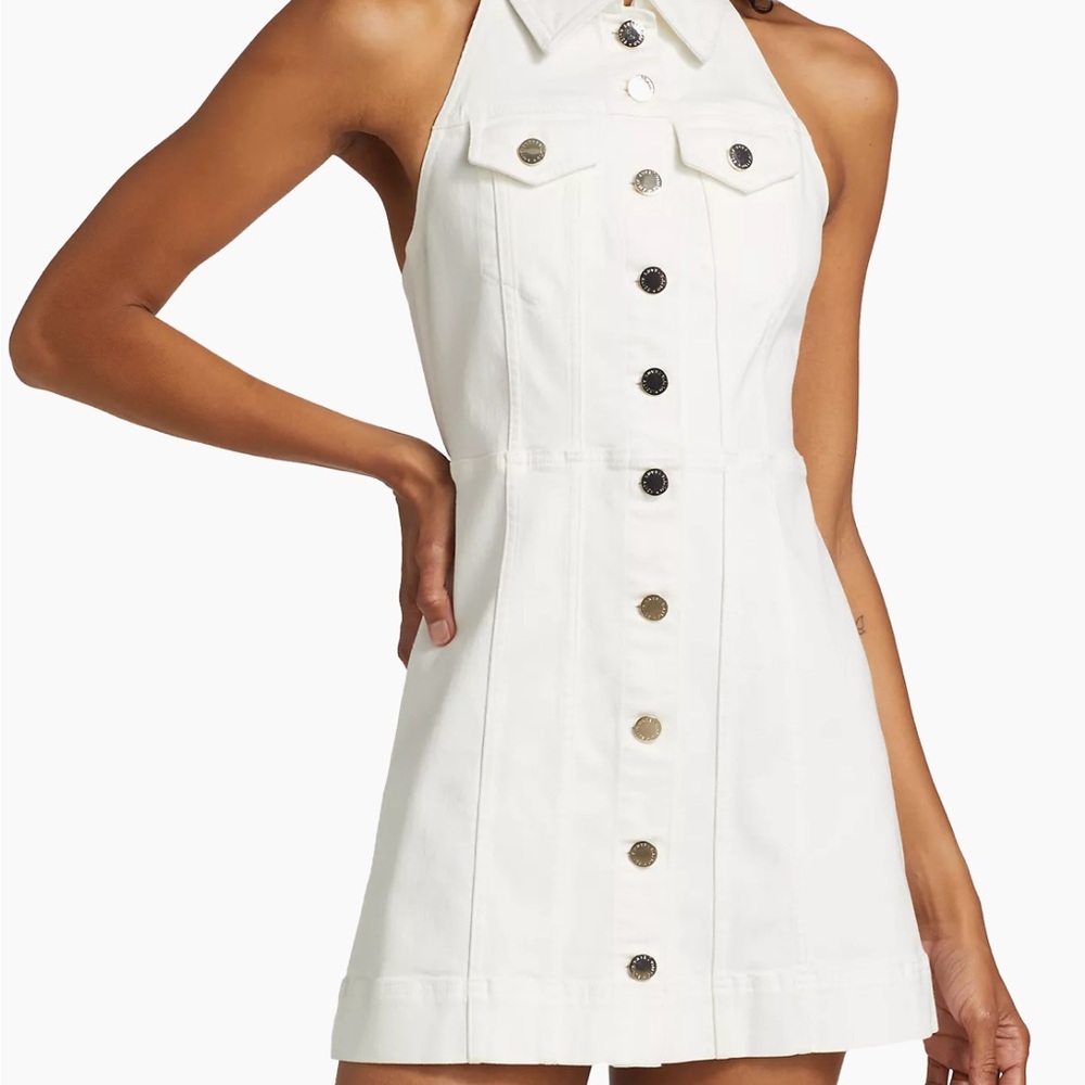White stretch denim halter mini dress